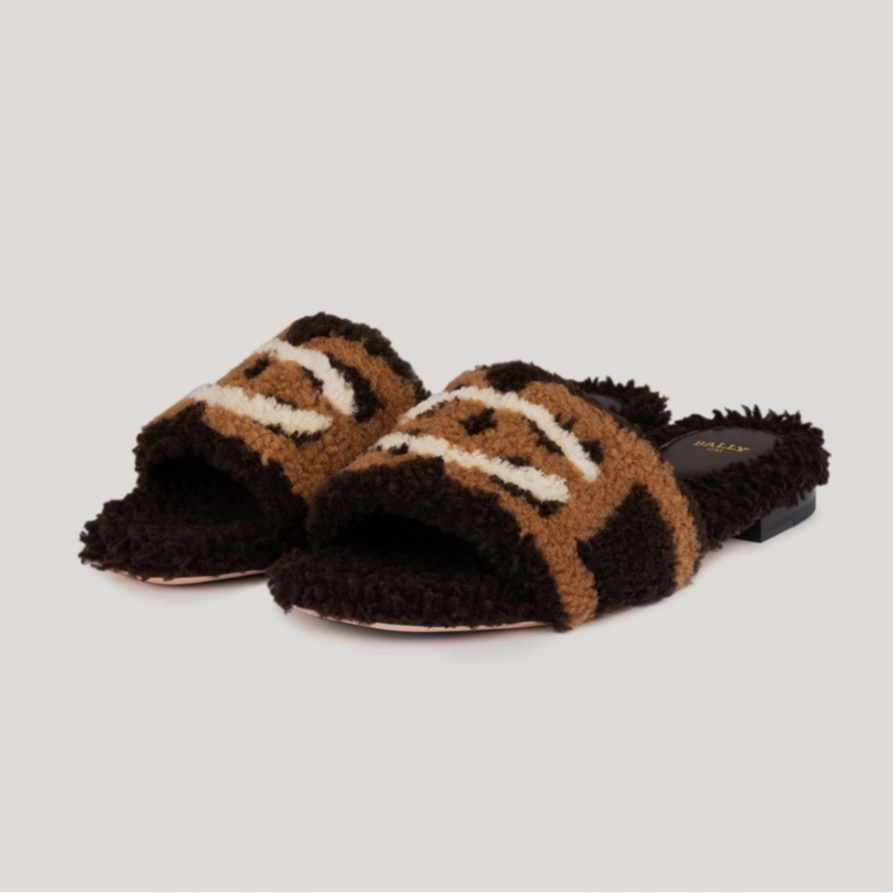 NIB Bally Shearling Brown Sheep Fur Slides Slippers Peoni 35
